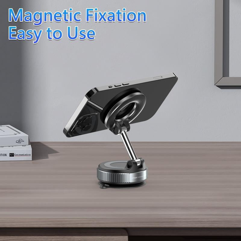 Universal Magnetic Car Phone Holder - Strong Vacuum Suction Cup Mount for All Smartphones & Vehicles | Foldable Design Works on Dashboard, Gym & Bathroom Mirrors Base Ajustable