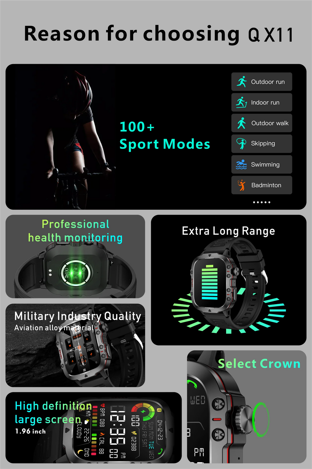 VALDUS 1.96 Inch HD Screen Multi Sport Mode Smartwatch Supports Flashlight Breathing Training QX11 Waterproof Smart Watch
