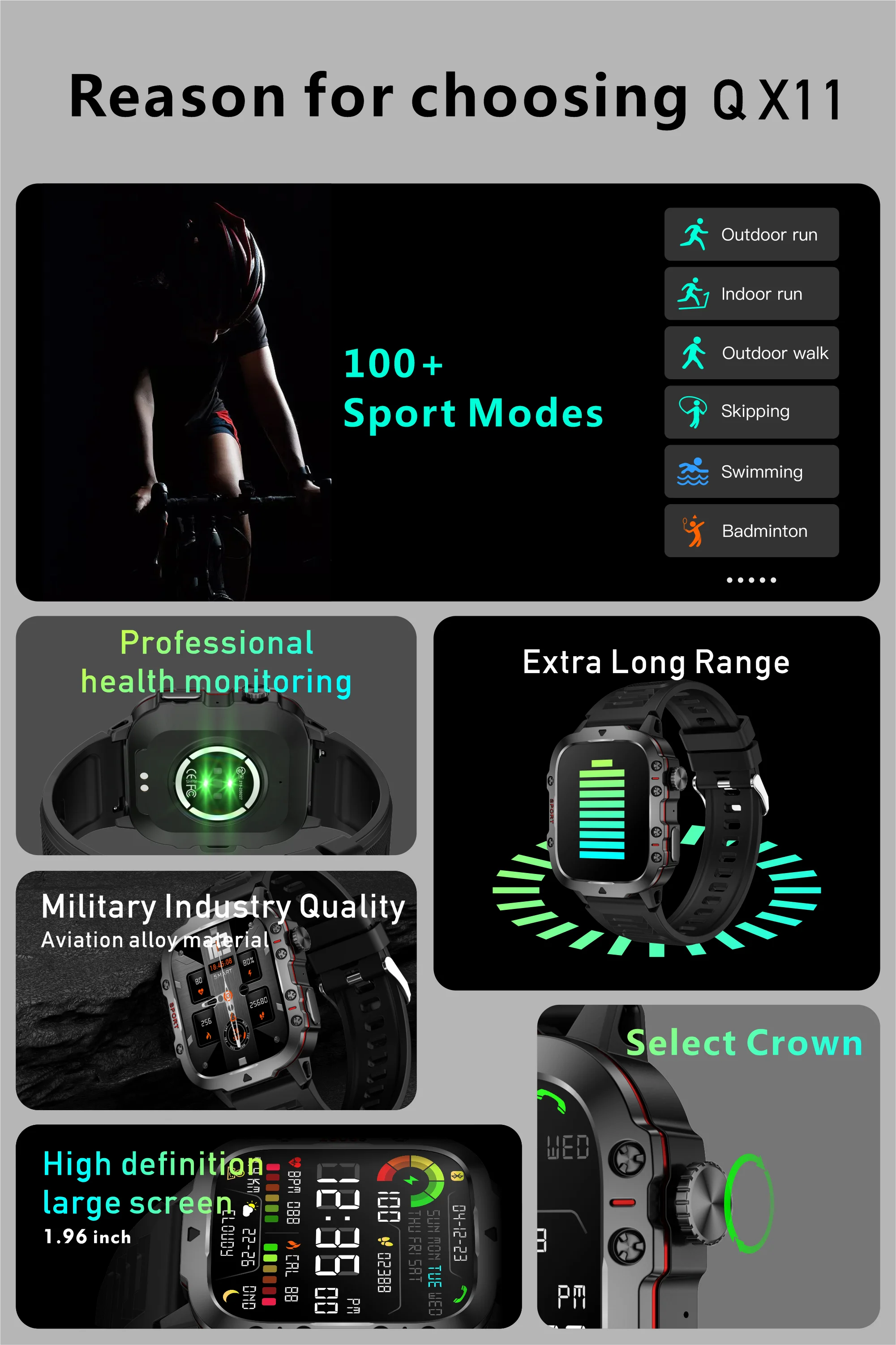 VALDUS 1.96 Inch HD Screen Multi Sport Mode Smartwatch Supports Flashlight Breathing Training QX11 Waterproof Smart Watch